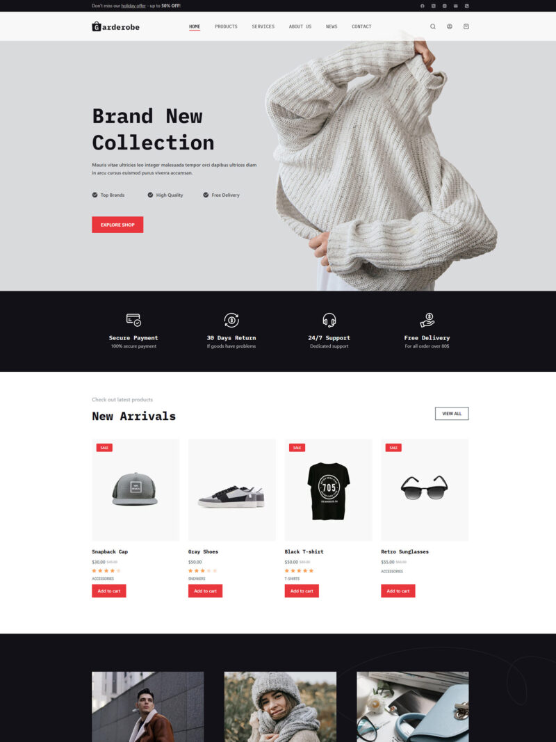 Homepage layout of Garderobe fashion store — WooCommerce-ready WordPress website with clean design and product filters