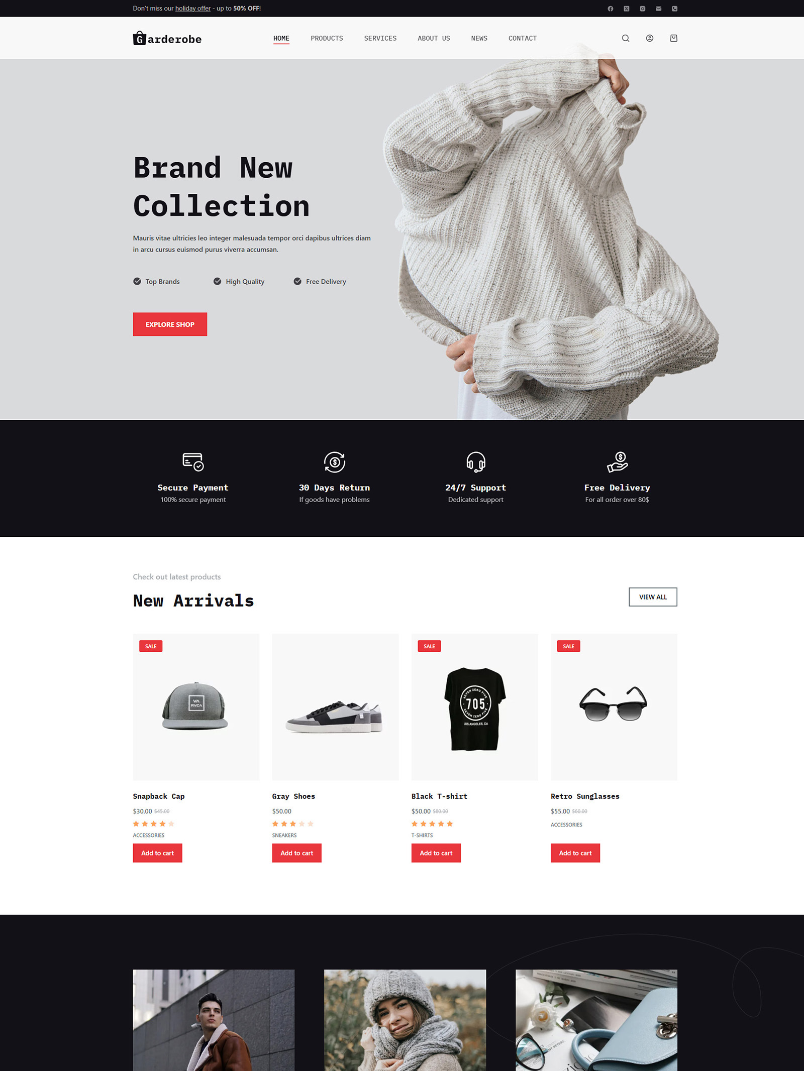 Homepage layout of Garderobe fashion store — WooCommerce-ready WordPress website with clean design and product filters