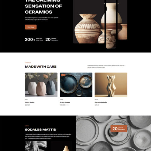 Homepage of Pottery WooCommerce site — artistic WordPress design with dark-and-white layout, bold filters, and handmade product focus