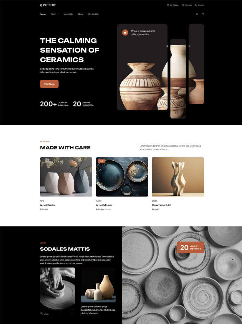 Homepage of Pottery WooCommerce site — artistic WordPress design with dark-and-white layout, bold filters, and handmade product focus