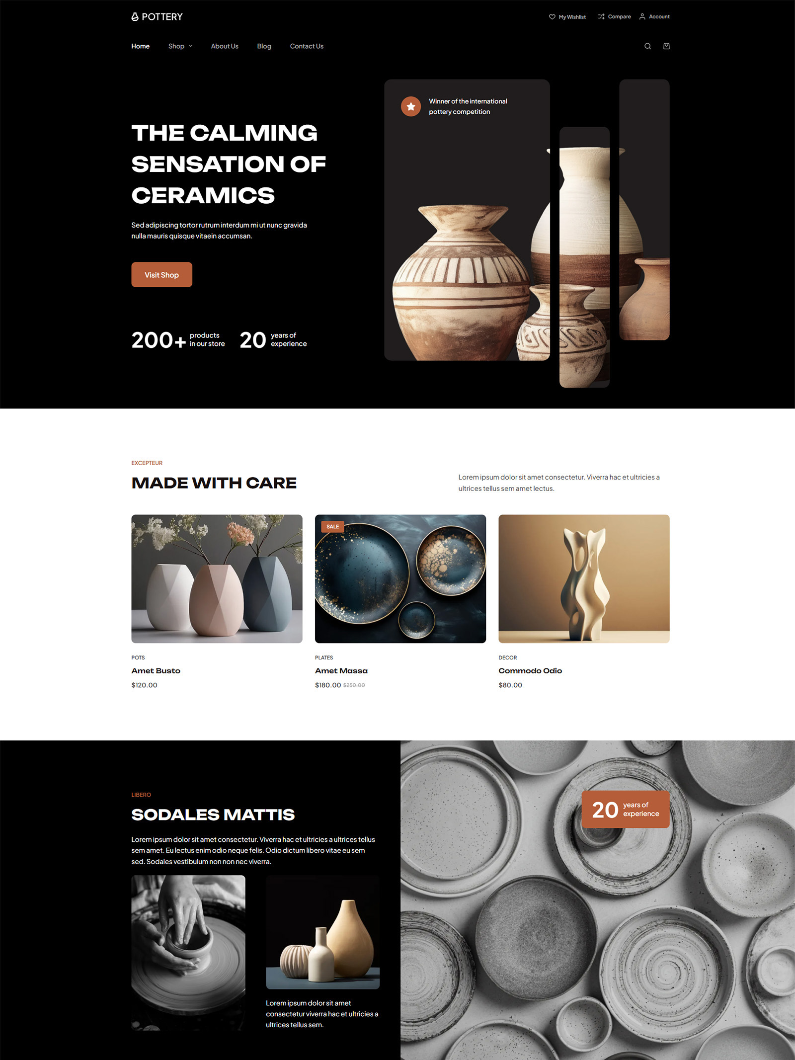 Homepage of Pottery WooCommerce site — artistic WordPress design with dark-and-white layout, bold filters, and handmade product focus