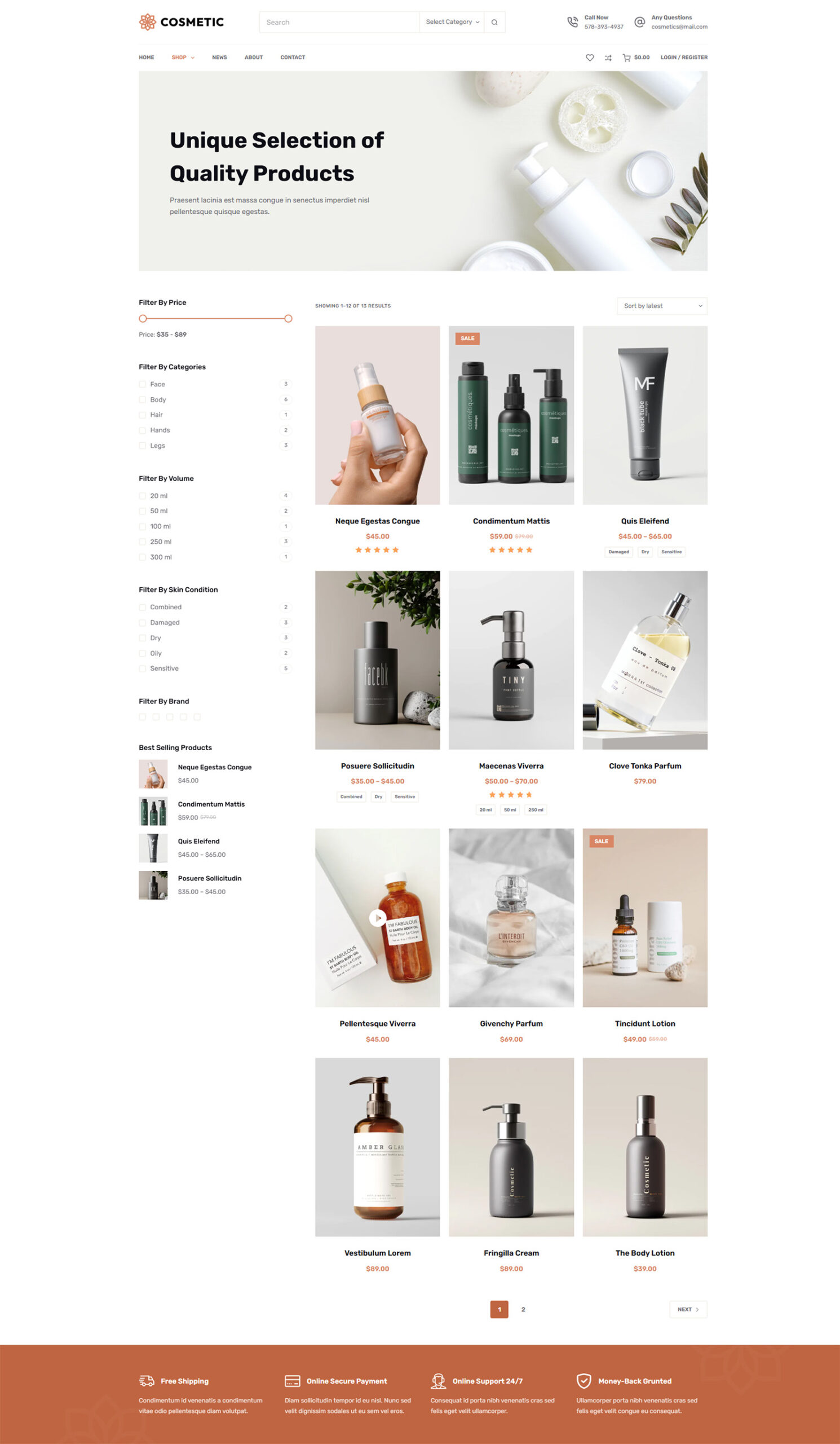 Mobile responsive product catalog with smart filters on a prebuilt WooCommerce template for skincare brands
