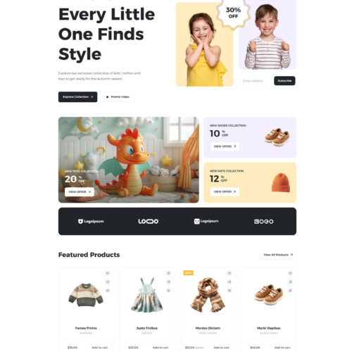 Homepage of Kiddy WooCommerce store — ready-made WordPress website for baby clothes and kids’ products
