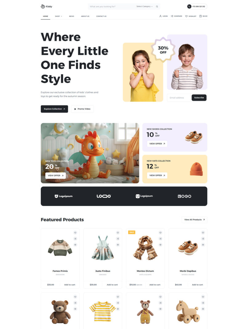 Homepage of Kiddy WooCommerce store — ready-made WordPress website for baby clothes and kids’ products
