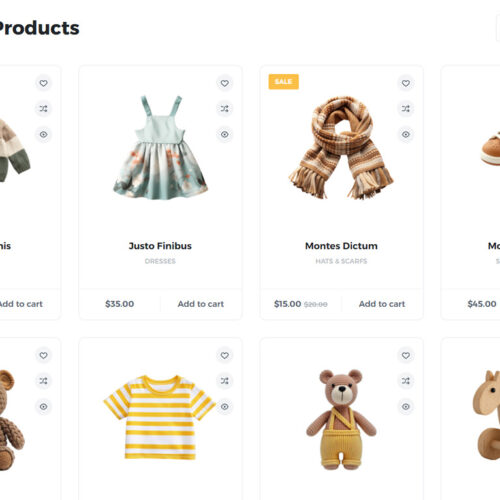 Product catalog layout with filters by color and size — e-commerce site for children's fashion and toy shops