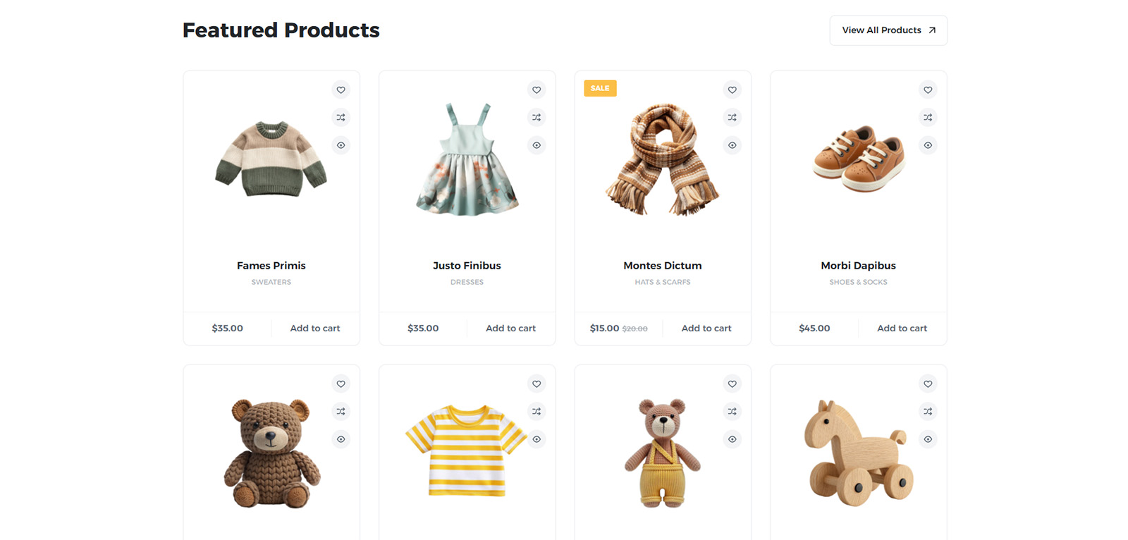 Product catalog layout with filters by color and size — e-commerce site for children's fashion and toy shops