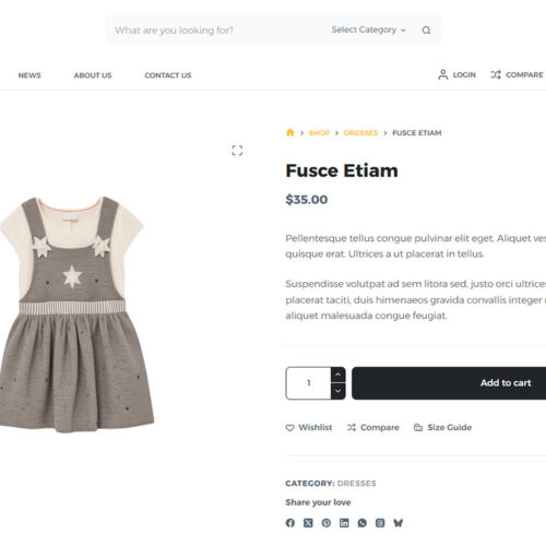 Product detail page with image, description, size guide, and wishlist — SEO optimized layout for children’s e-commerce site