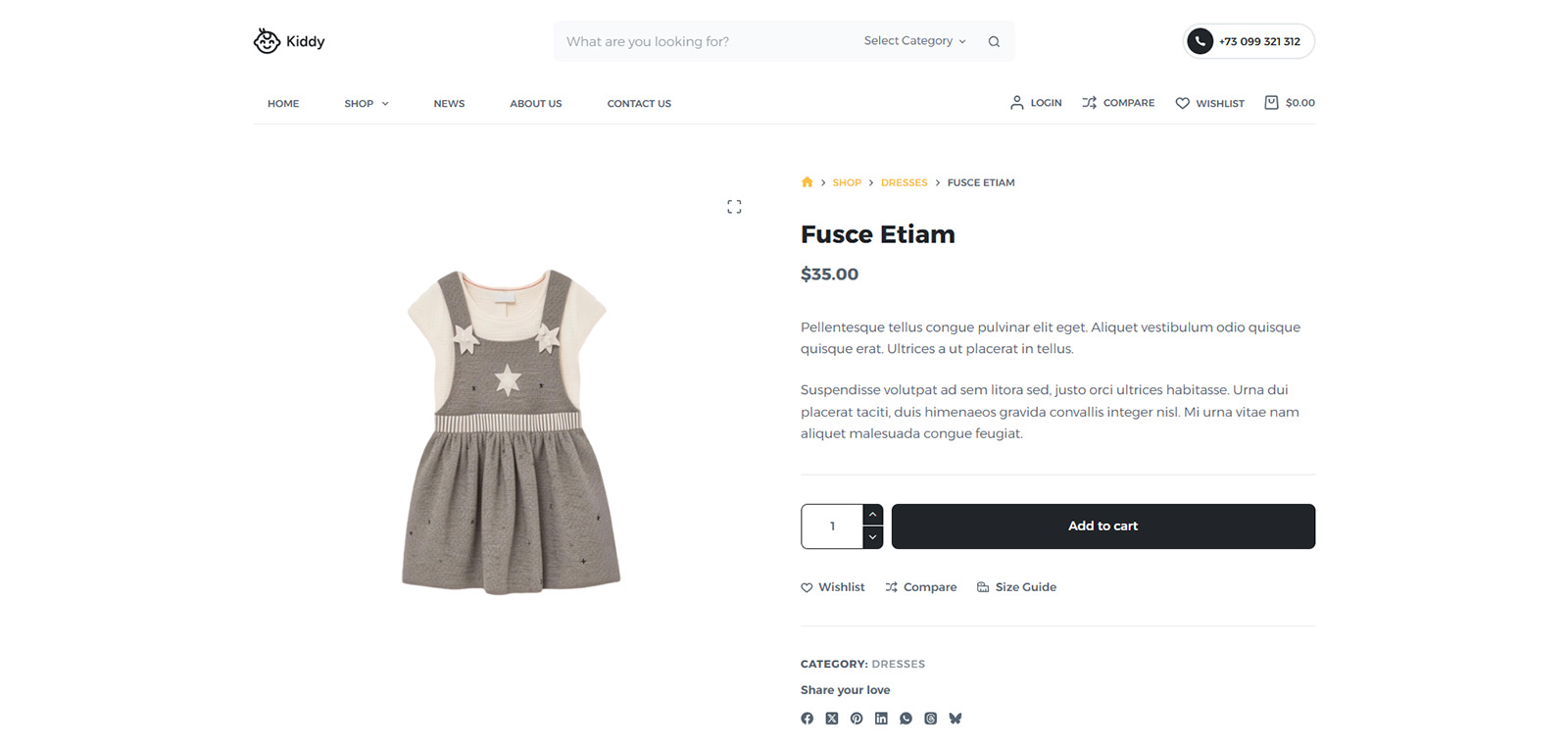 Product detail page with image, description, size guide, and wishlist — SEO optimized layout for children’s e-commerce site