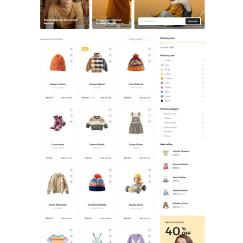 Shop page with promotional banners and new arrivals — modern online store template for baby apparel brands