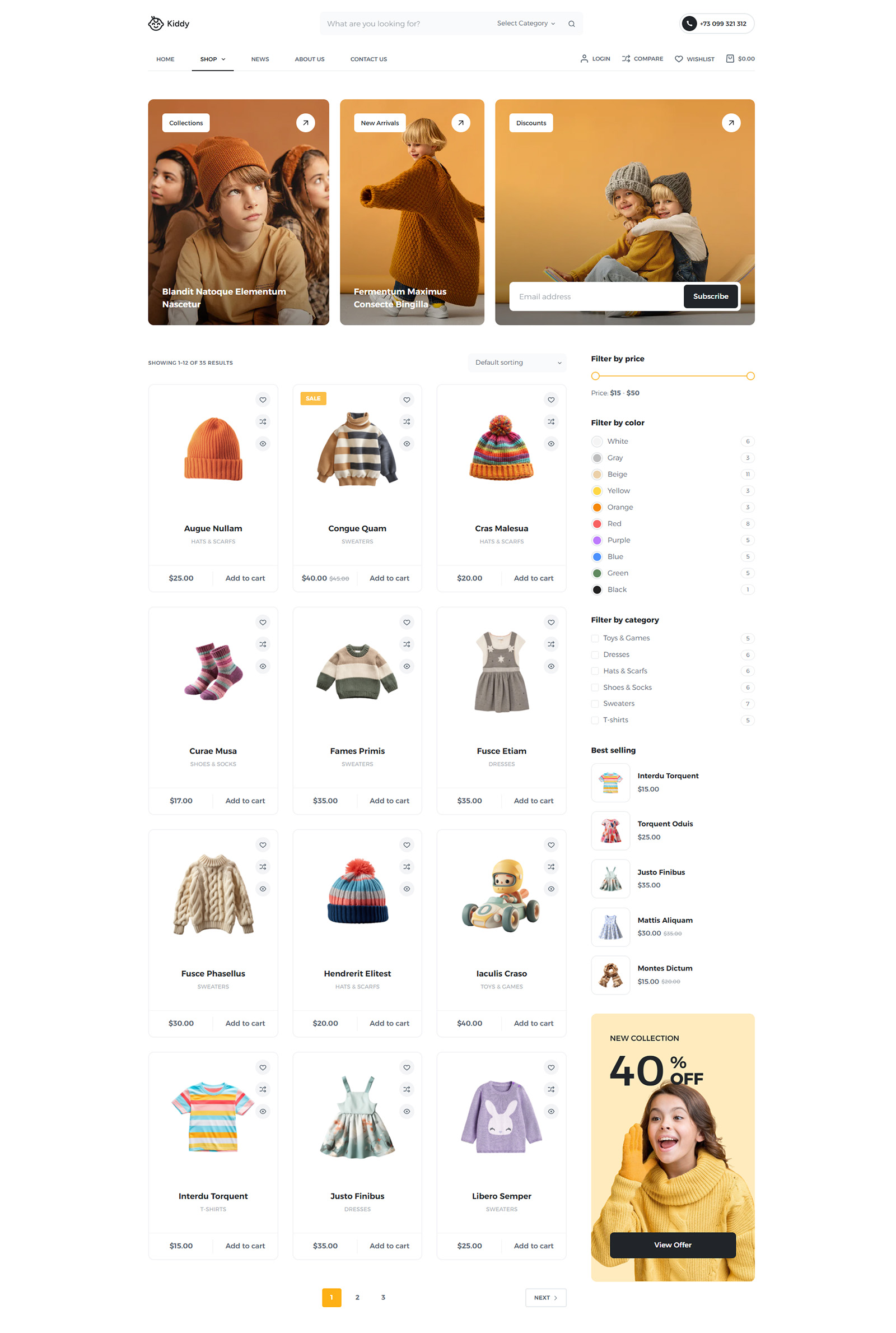 Shop page with promotional banners and new arrivals — modern online store template for baby apparel brands