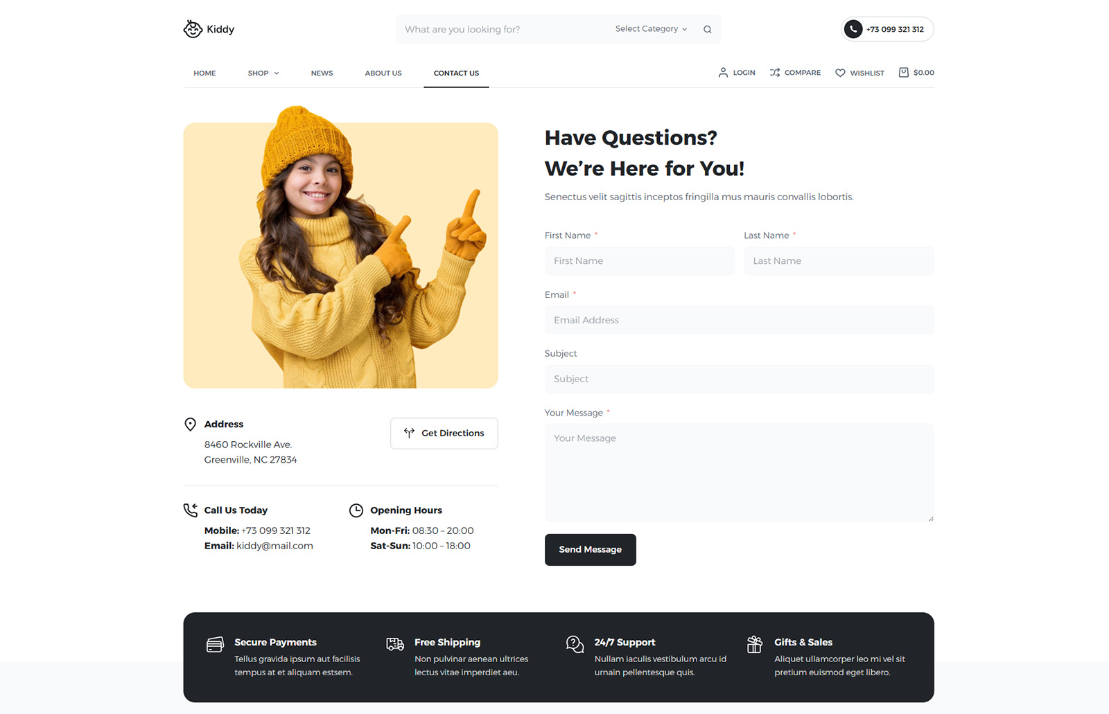 Contact page section with clean design — easy-to-edit WooCommerce website for children’s product sellers