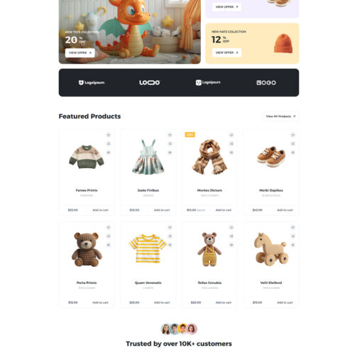 Homepage of Kiddy WooCommerce store — ready-made WordPress website for baby clothing, toys, and kids’ lifestyle brands