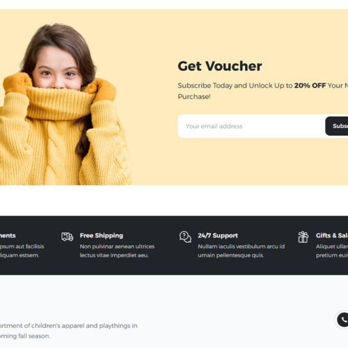 Kiddy homepage with call-to-action for newsletter signup — SEO optimized WordPress website for baby and kids shop