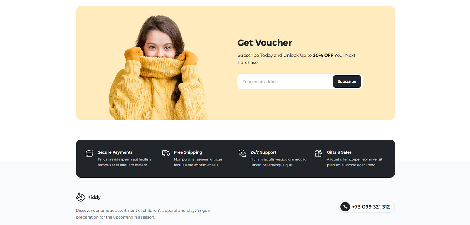 Kiddy homepage with call-to-action for newsletter signup — SEO optimized WordPress website for baby and kids shop