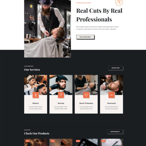 Homepage of Barber Shop WordPress site — ready-made WooCommerce design for barbershops and grooming services