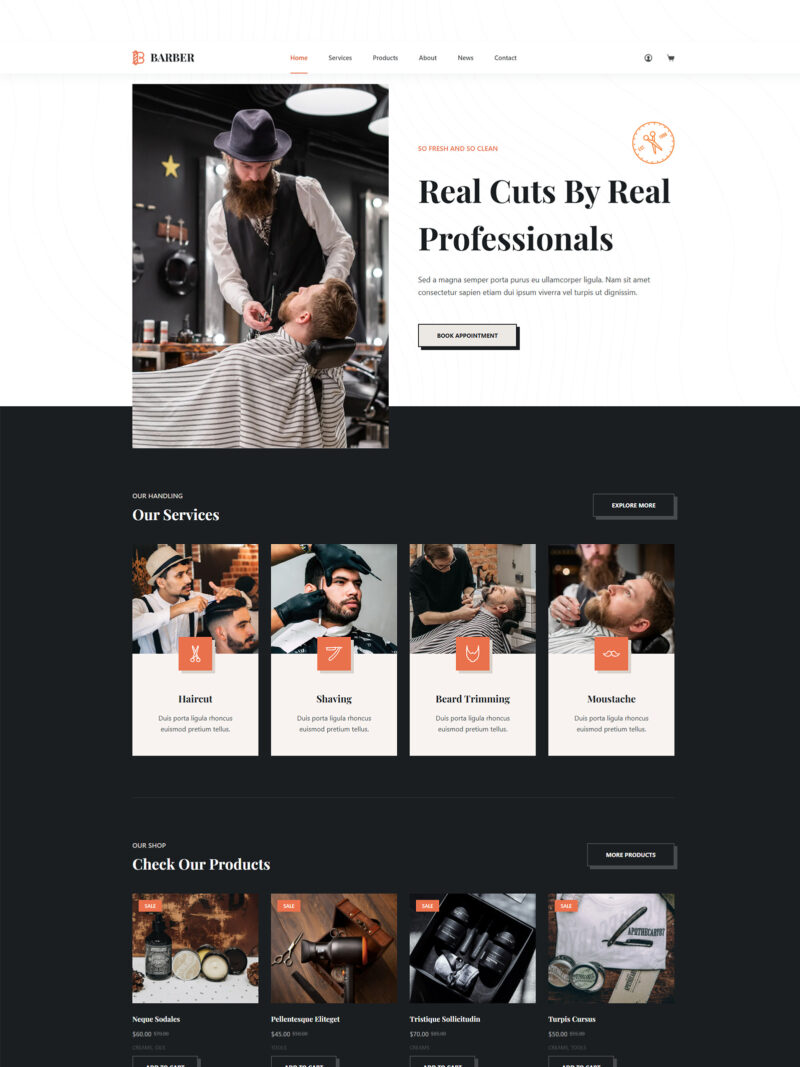 Homepage of Barber Shop WordPress site — ready-made WooCommerce design for barbershops and grooming services
