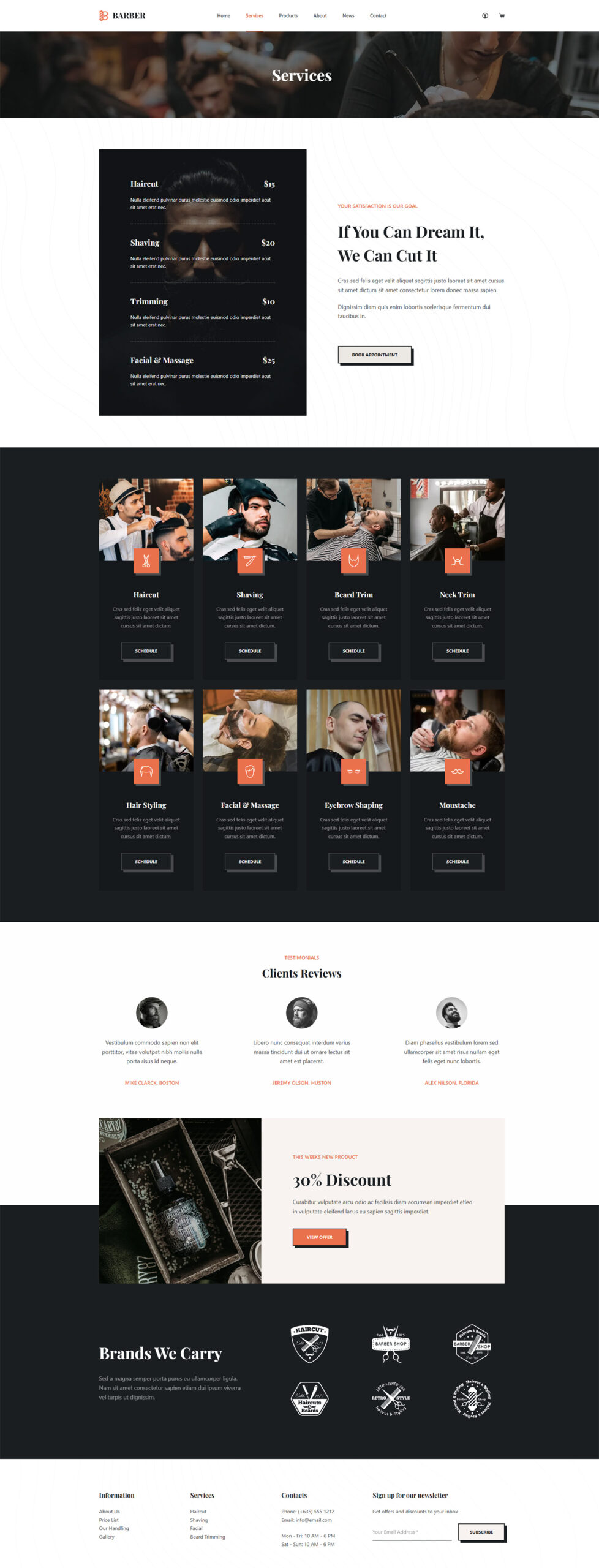 Services page layout with listed treatments and booking options — professional WordPress website for barbershop services