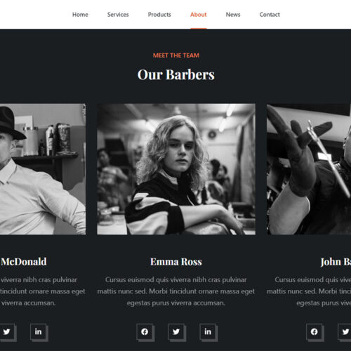 Team showcase block on About page — modern WooCommerce site highlighting barbers and grooming specialists