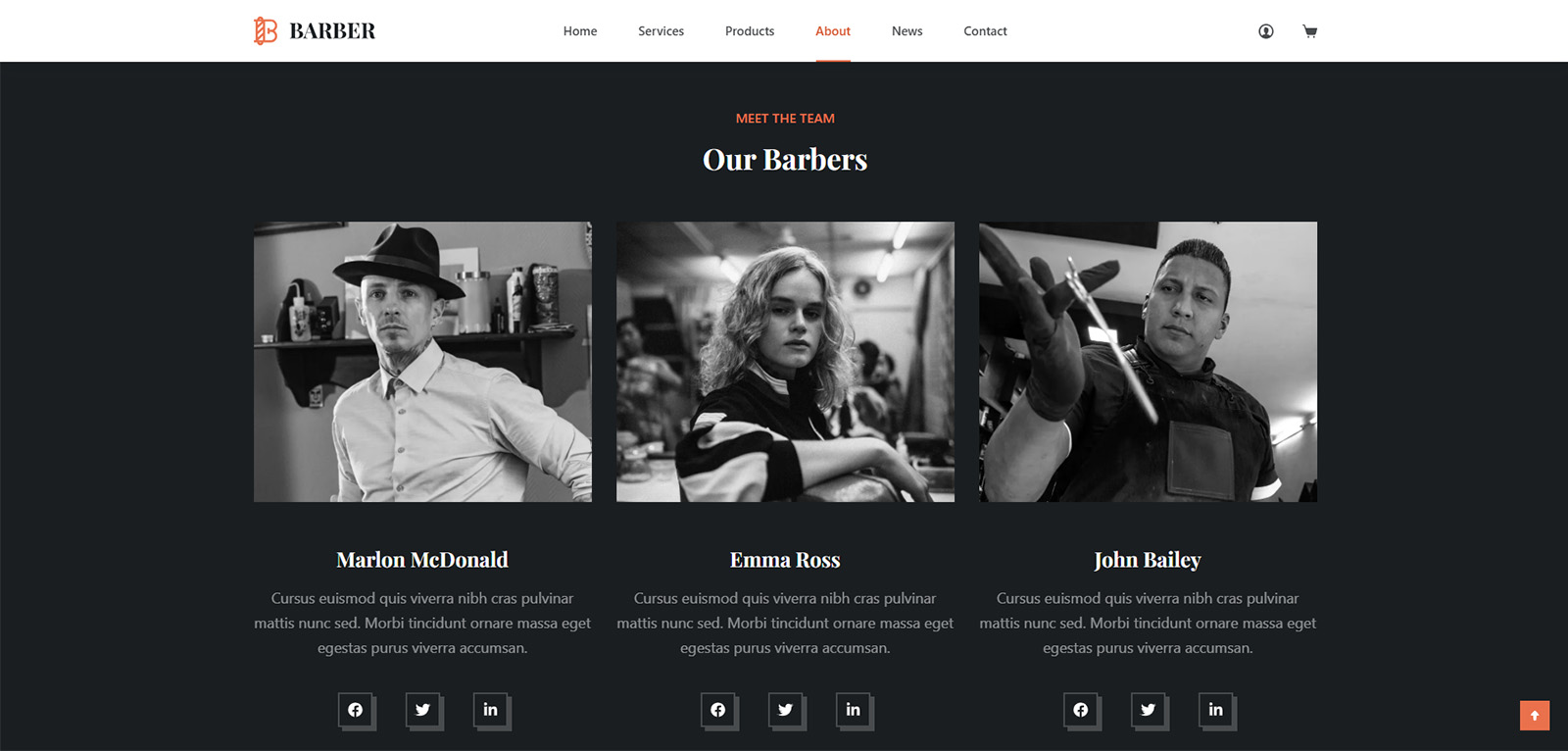 Team showcase block on About page — modern WooCommerce site highlighting barbers and grooming specialists