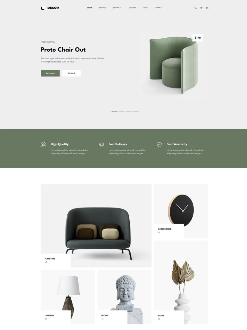 Homepage layout of Home Decor store — modern WordPress website with nude tones for lifestyle and interior brands