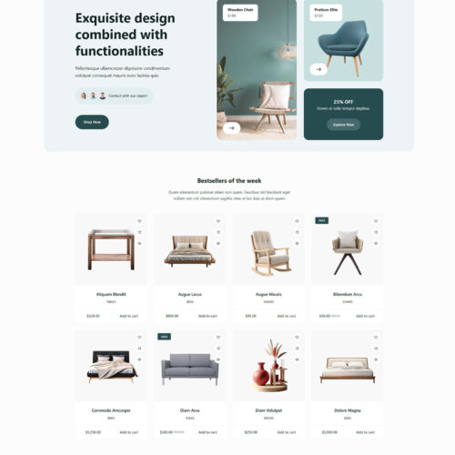 Homepage of Furniture WooCommerce website — pastel-toned WordPress layout with modern filters, built for interior and home goods brands