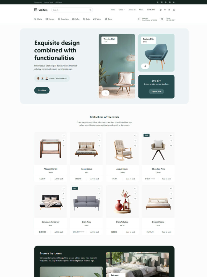 Homepage of Furniture WooCommerce website — pastel-toned WordPress layout with modern filters, built for interior and home goods brands