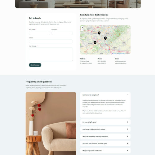 Contact and about section in soft design — SEO optimized WordPress website for furniture retailers