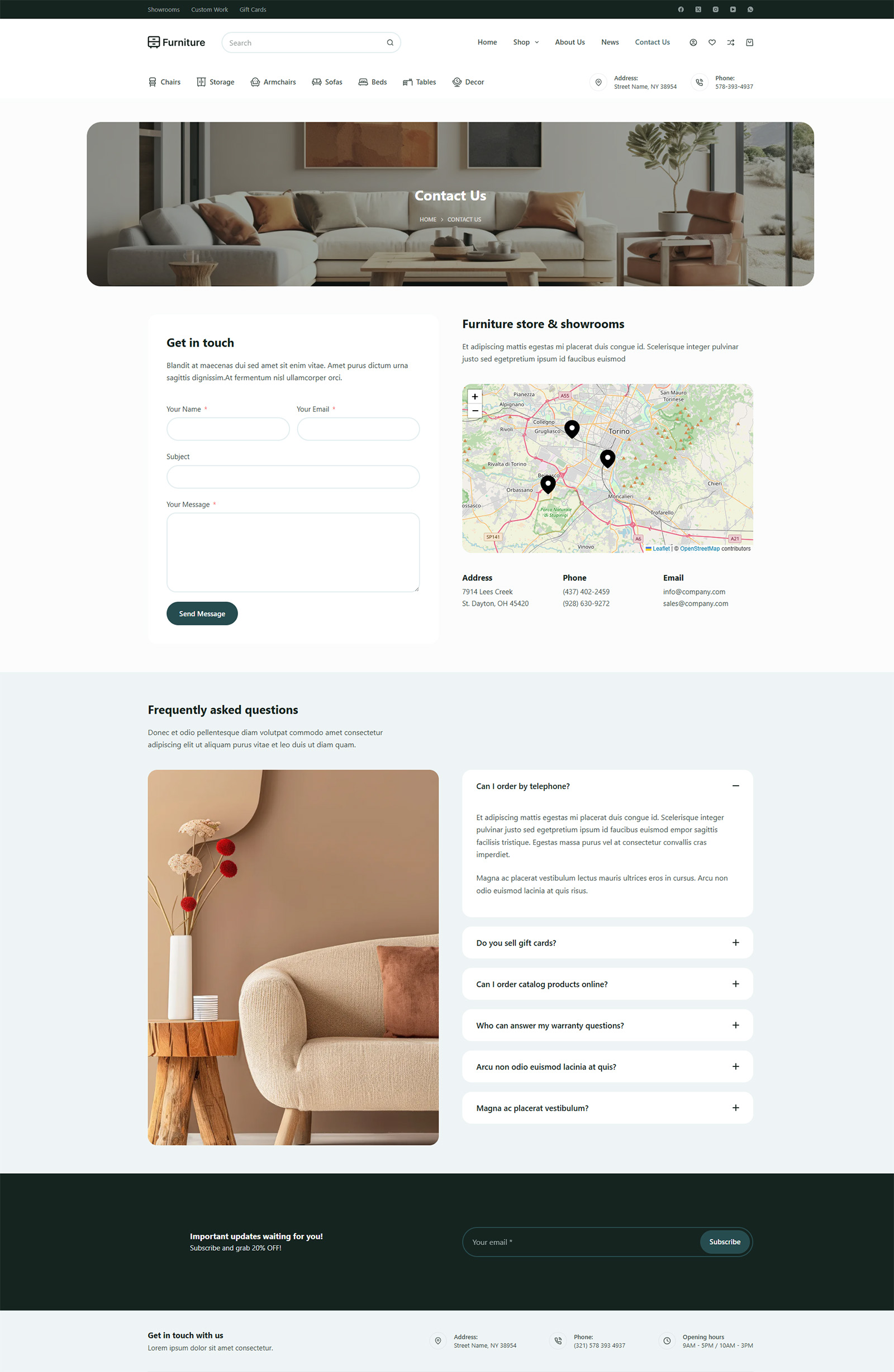 Contact and about section in soft design — SEO optimized WordPress website for furniture retailers