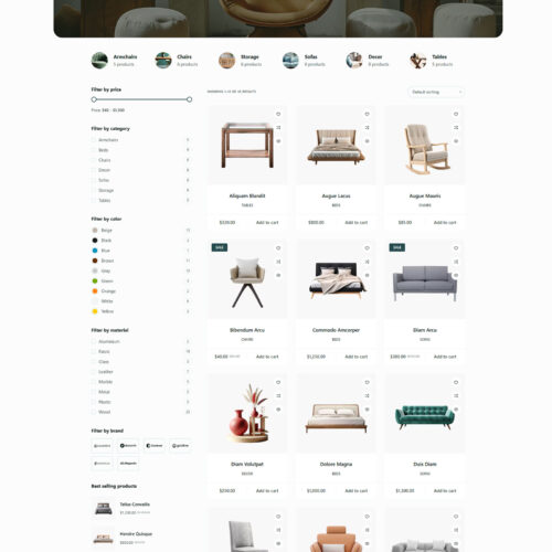 Minimalist catalog section with filters — prebuilt online store template for home goods