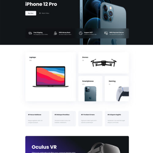 Homepage of Gadgets WooCommerce website — sleek black-and-white layout with tech-focused design and bold promotional banners