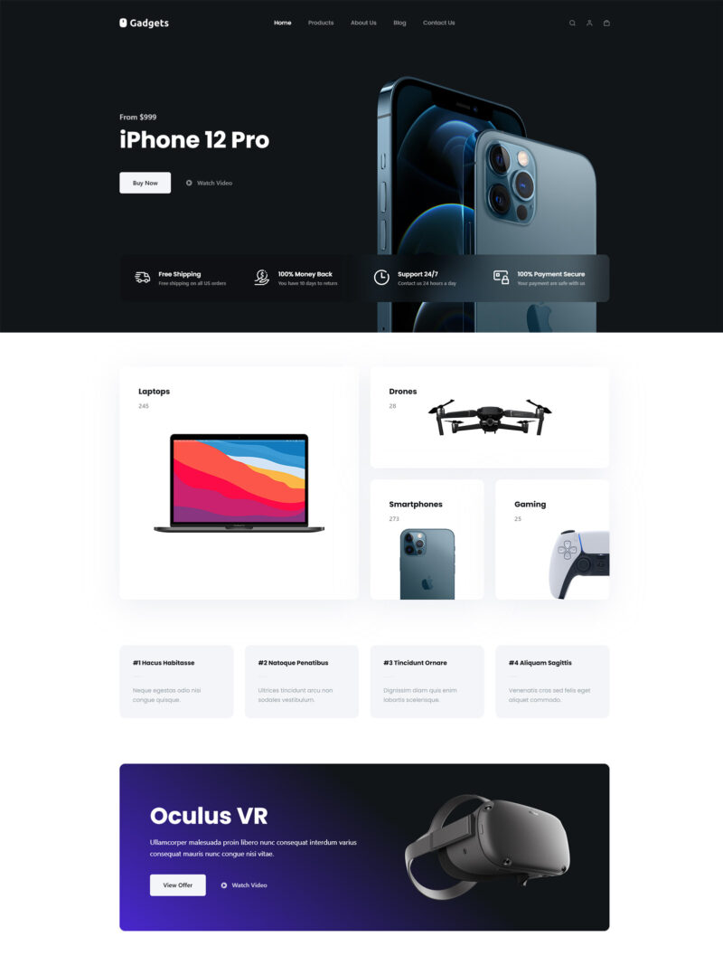 Homepage of Gadgets WooCommerce website — sleek black-and-white layout with tech-focused design and bold promotional banners