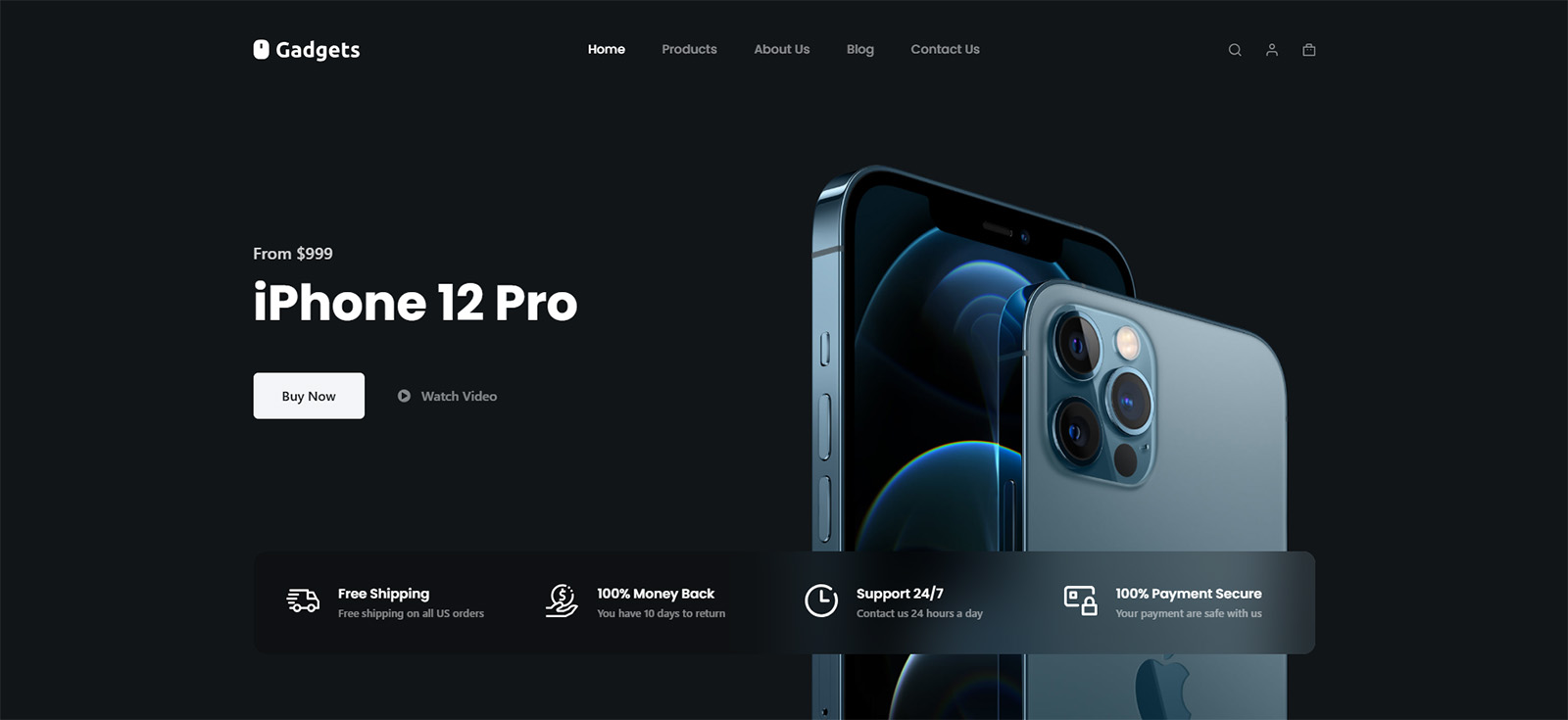 Hero banner with futuristic design and bold typography — modern WordPress e-commerce site for tech products