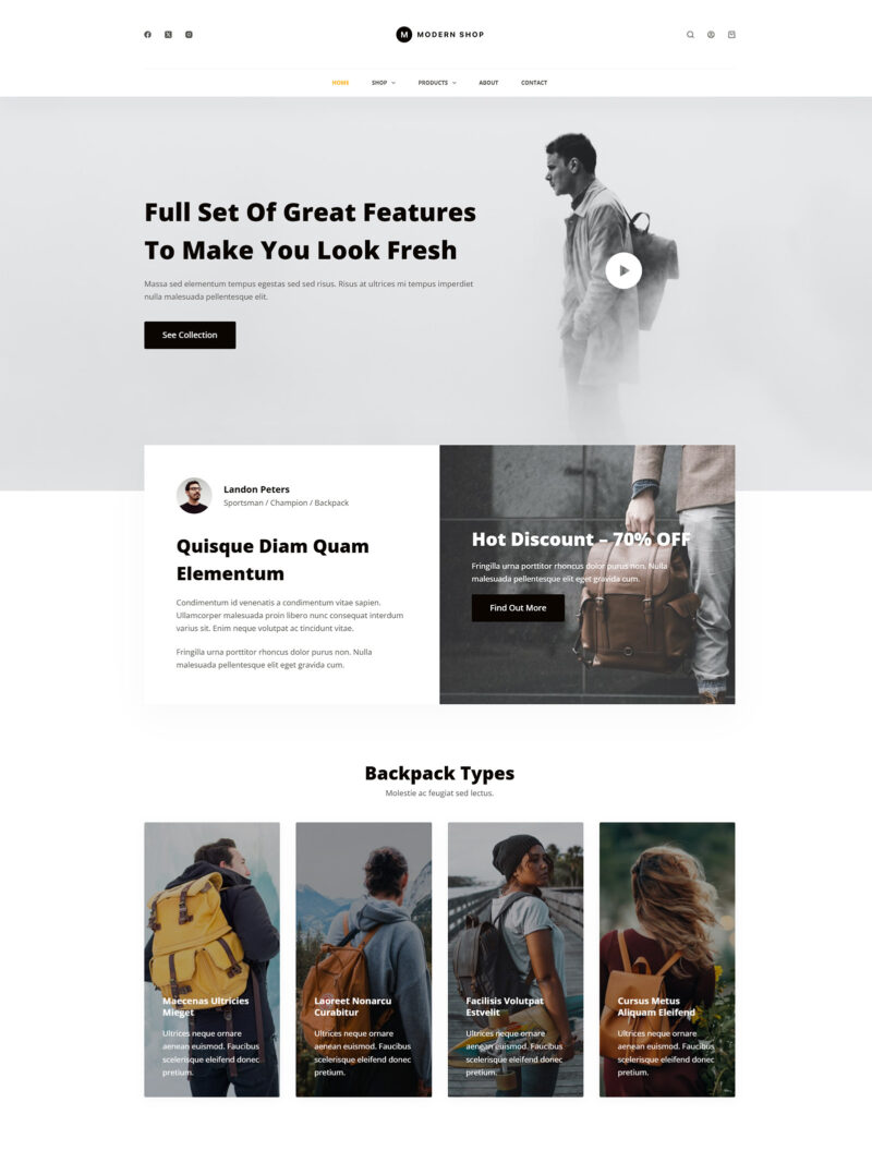 Homepage of Modern Shop WooCommerce site — minimalist WordPress layout with bright visuals, built for lifestyle and fashion brands