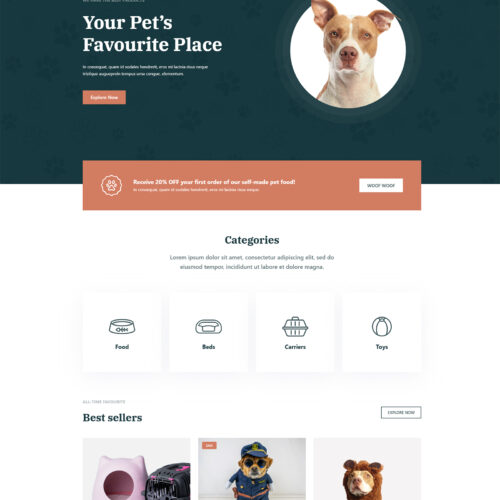 homepage layout of minimalist WooCommerce store for everyday essentials and pet products