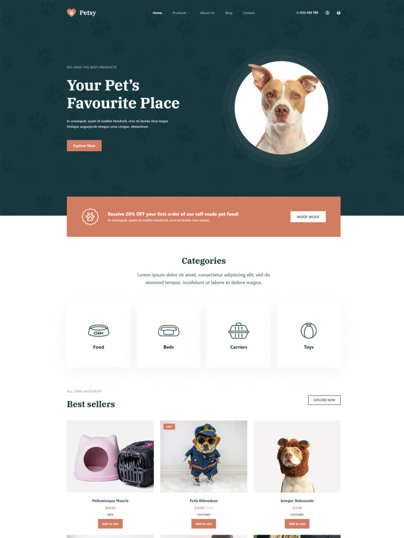 homepage layout of minimalist WooCommerce store for everyday essentials and pet products
