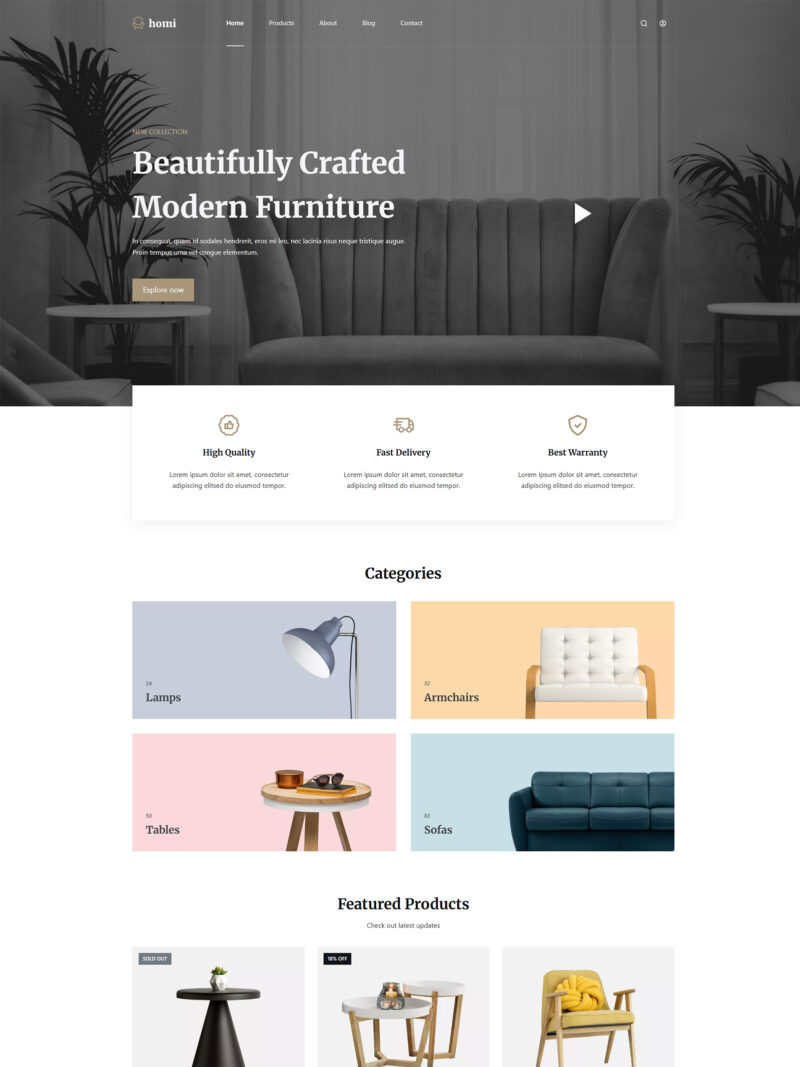 Homepage of minimalist WordPress store template for fashion and lifestyle brands