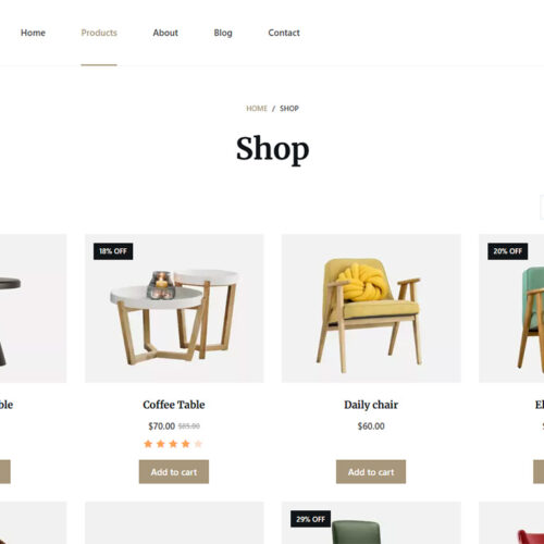 Online store section in Homi template with clean product catalog and filtering options
