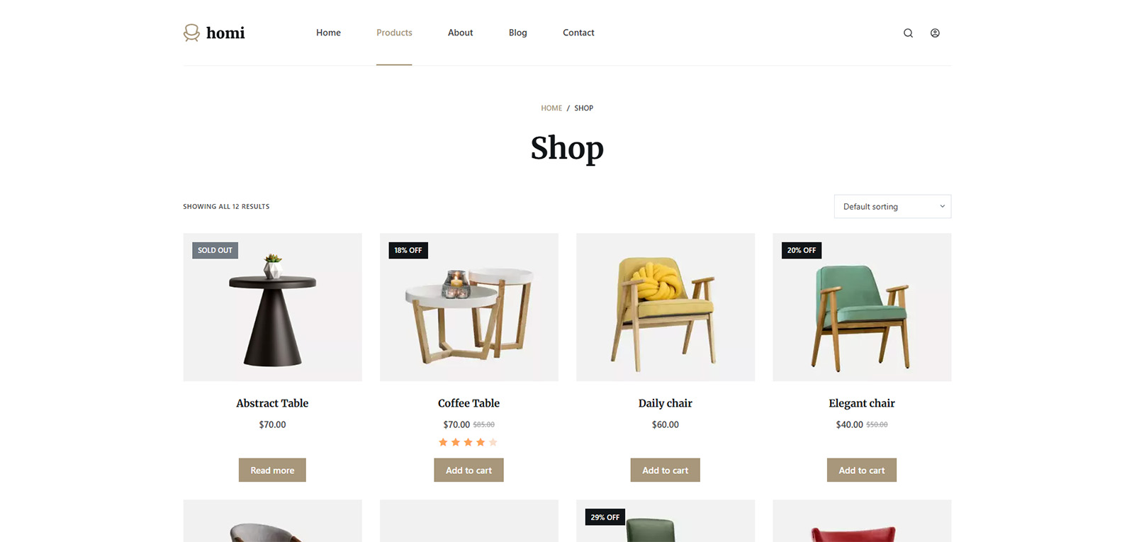 Online store section in Homi template with clean product catalog and filtering options