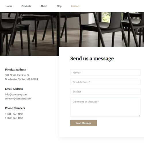 Contact page with editorial-style layout in stylish WordPress e-commerce website