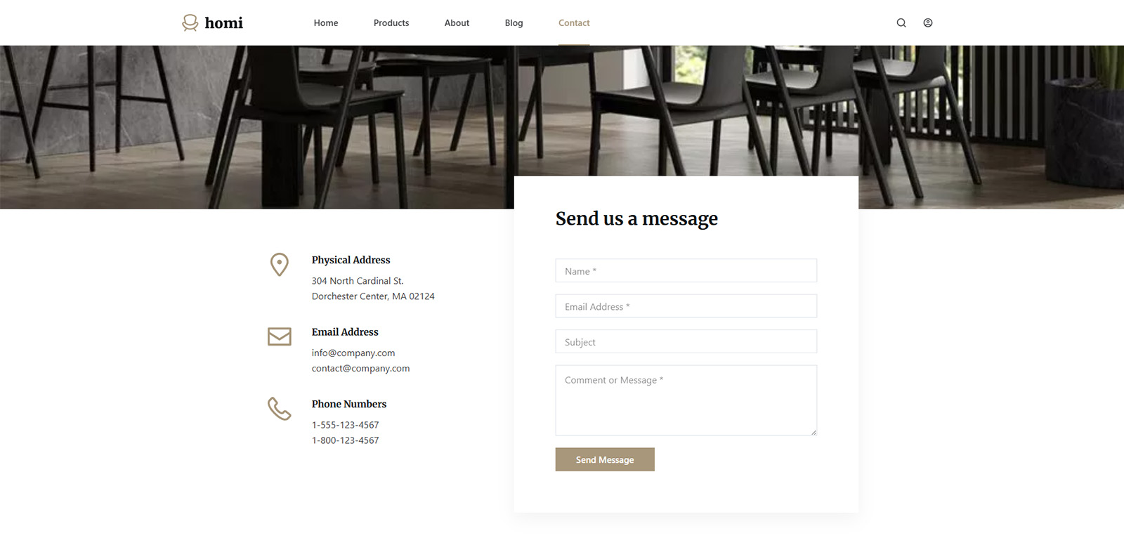 Contact page with editorial-style layout in stylish WordPress e-commerce website