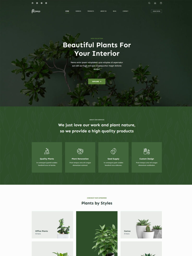 Homepage of Floreo WooCommerce website — WordPress store for sustainable and nature-inspired lifestyle brands