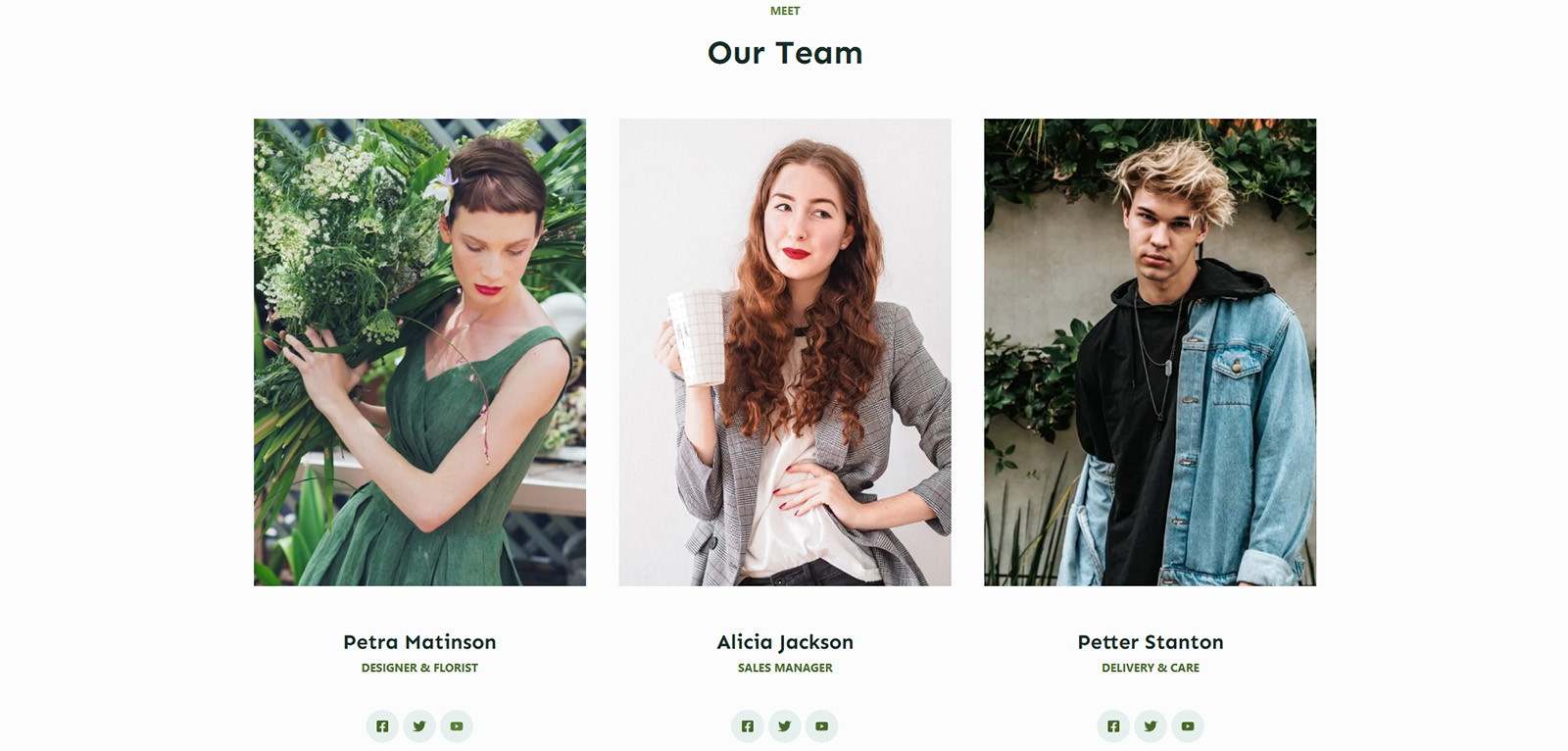 Team section with clean green-themed design — WordPress business website for ethical and sustainable brands